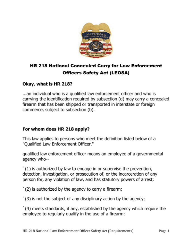 HR 218 National Concealed Carry for Law Enforcement Officers