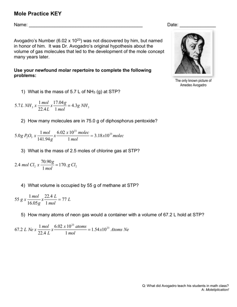 Worksheet Moles Molecules STP KEY