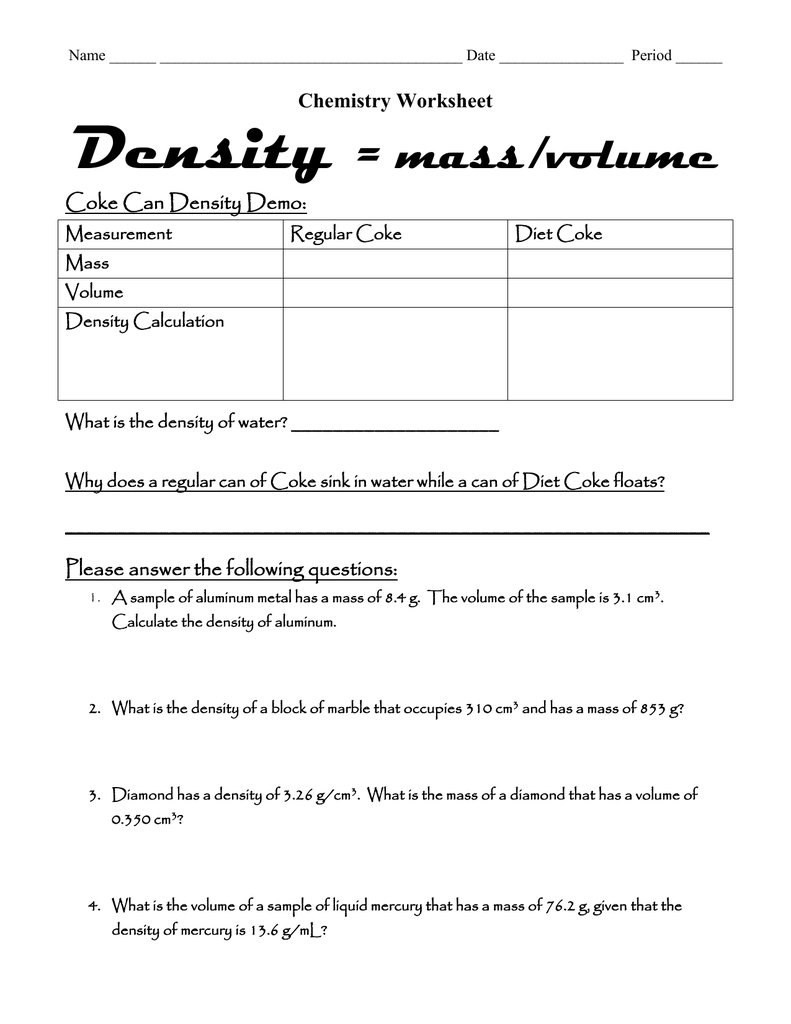 Chemistry Worksheet Inside Mass Volume Density Worksheet