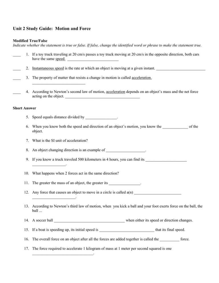 Unit 2 Study Guide Motion And Force