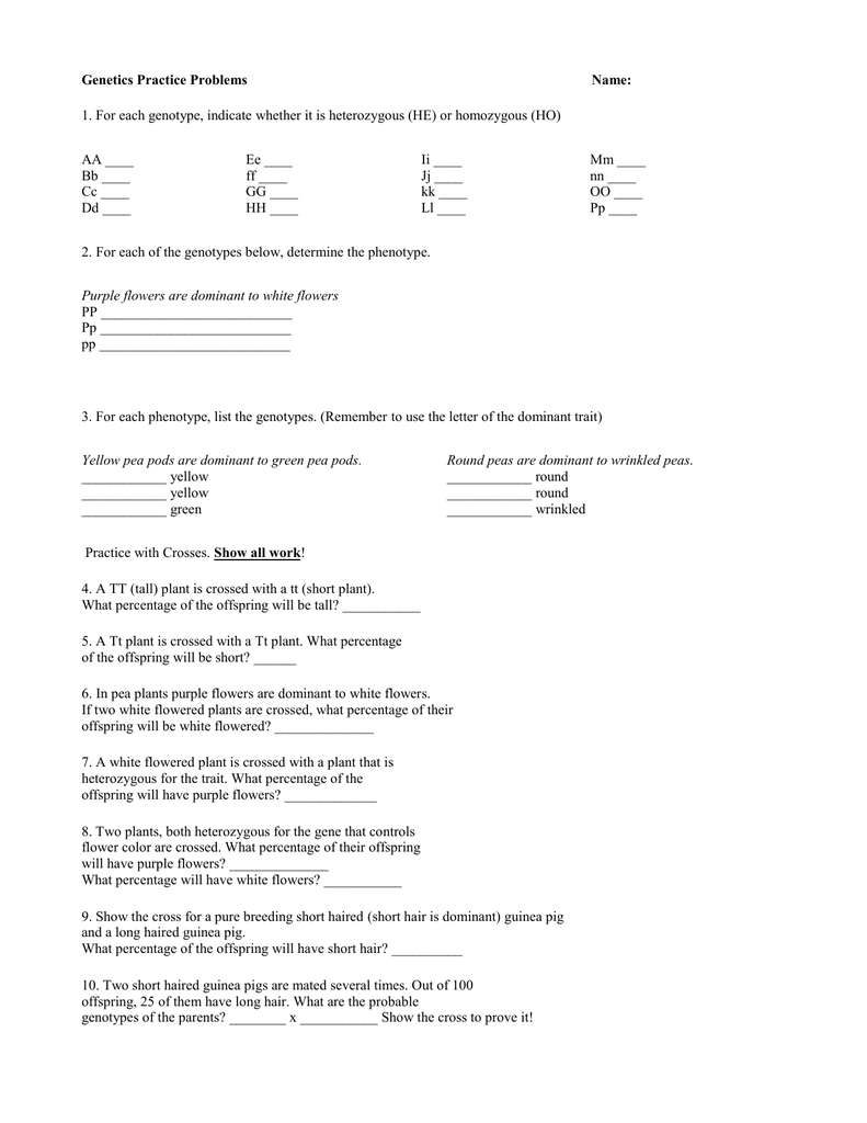 Simple Genetics Practice Problems Pertaining To Genetics Problems Worksheet Answers