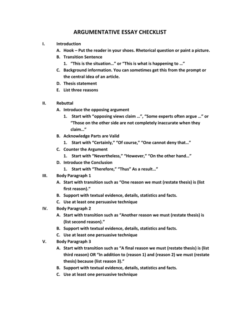research based argumentative essay checklist