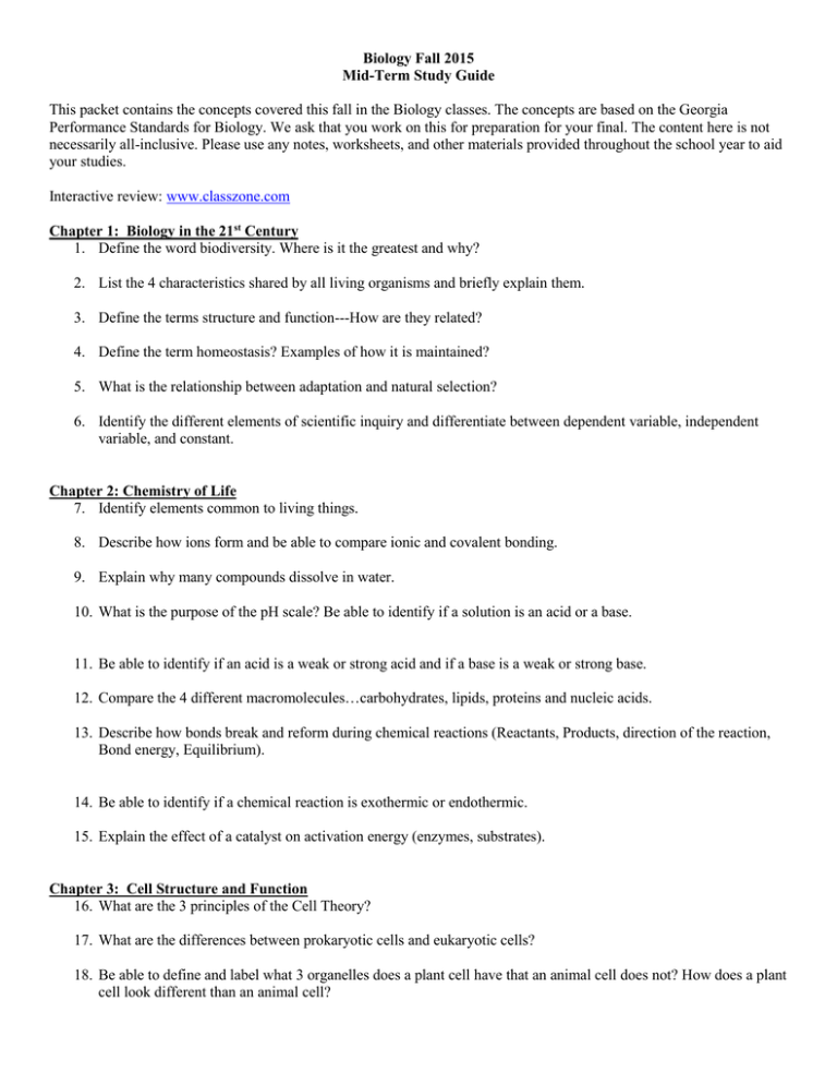 Biology Midterm Study Guide Biology Midterm Study Guide