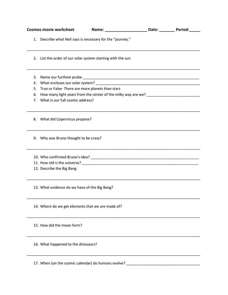Cosmos movie worksheet Intended For Cosmos Episode 1 Worksheet Answers
