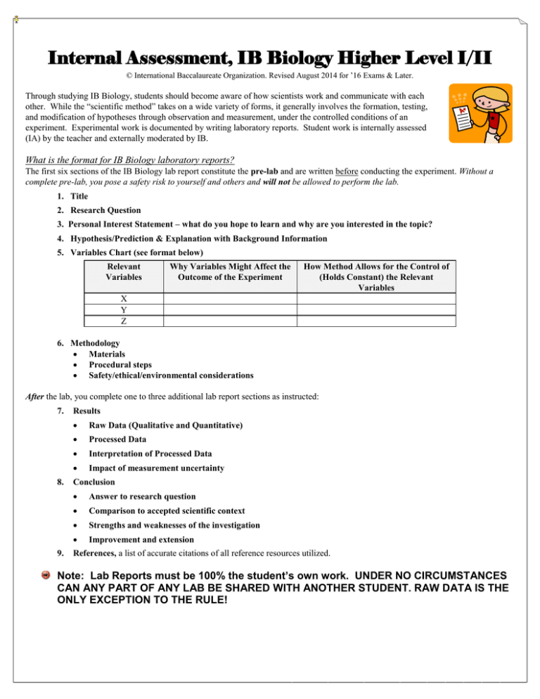 INTERNAL ASSESSMENT COVER SHEETS IB Biology I II