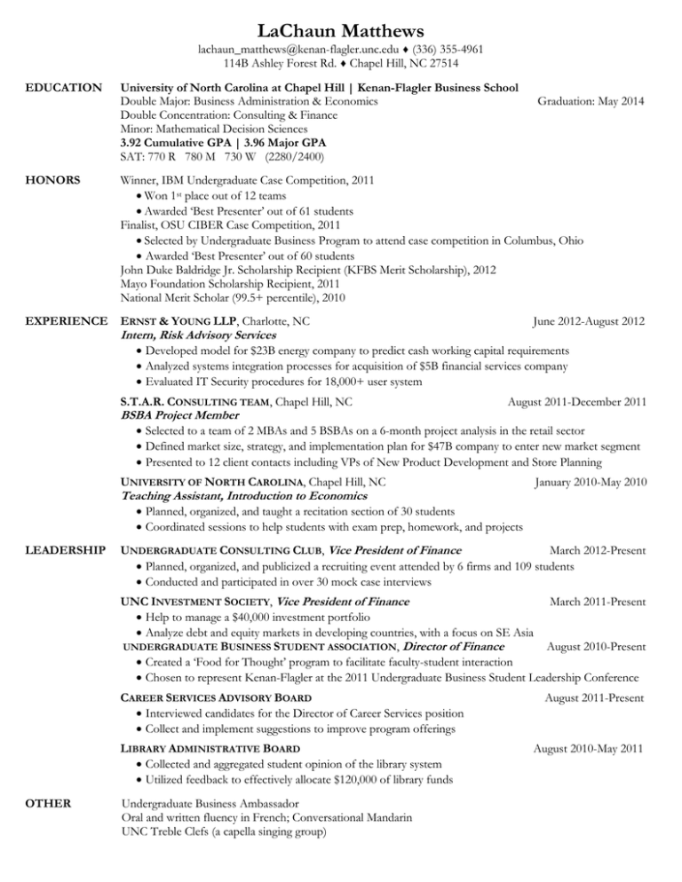 unc pre business resume template