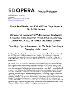 Tenor René Barbera to Kick Off San Diego Opera's 2015