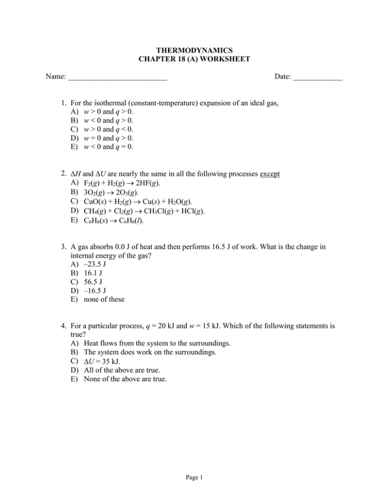 Chapter 18 thermodynamics Worksheet