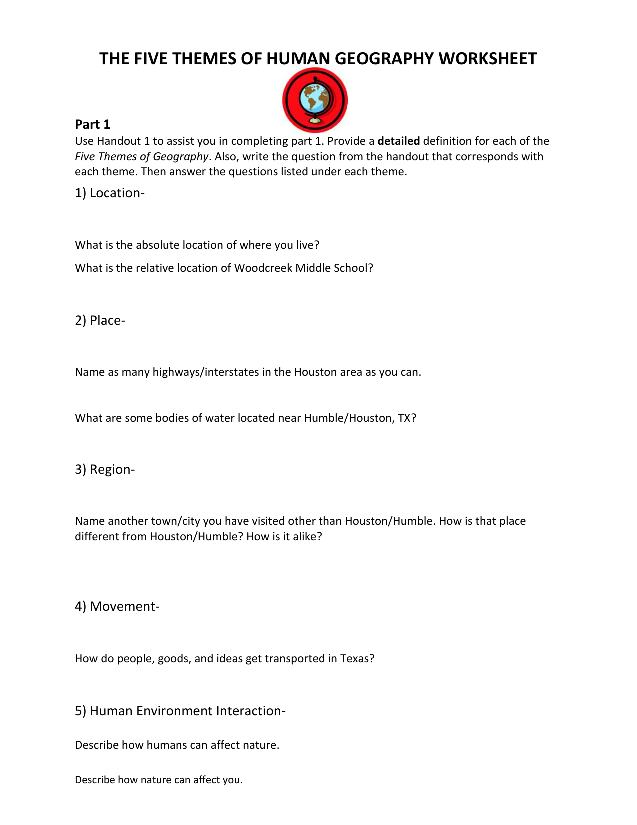 THE FIVE THEMES OF HUMAN GEOGRAPHY WORKSHEET Part 22 Pertaining To 5 Themes Of Geography Worksheet