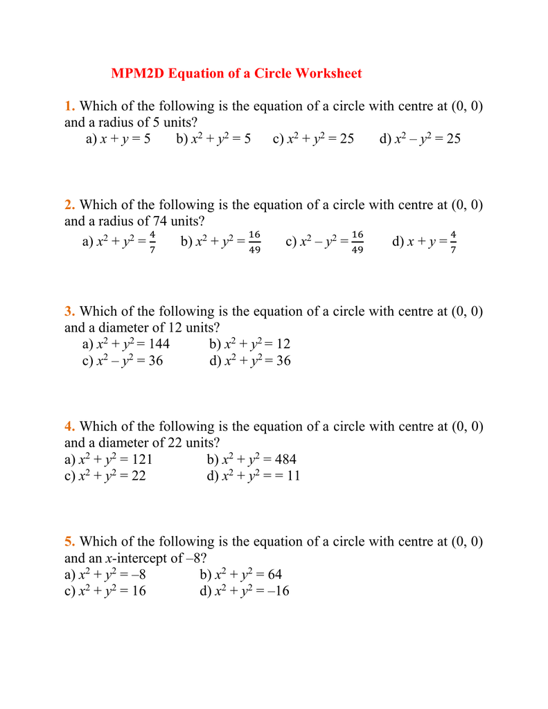 equations of circles algebra 2 homework