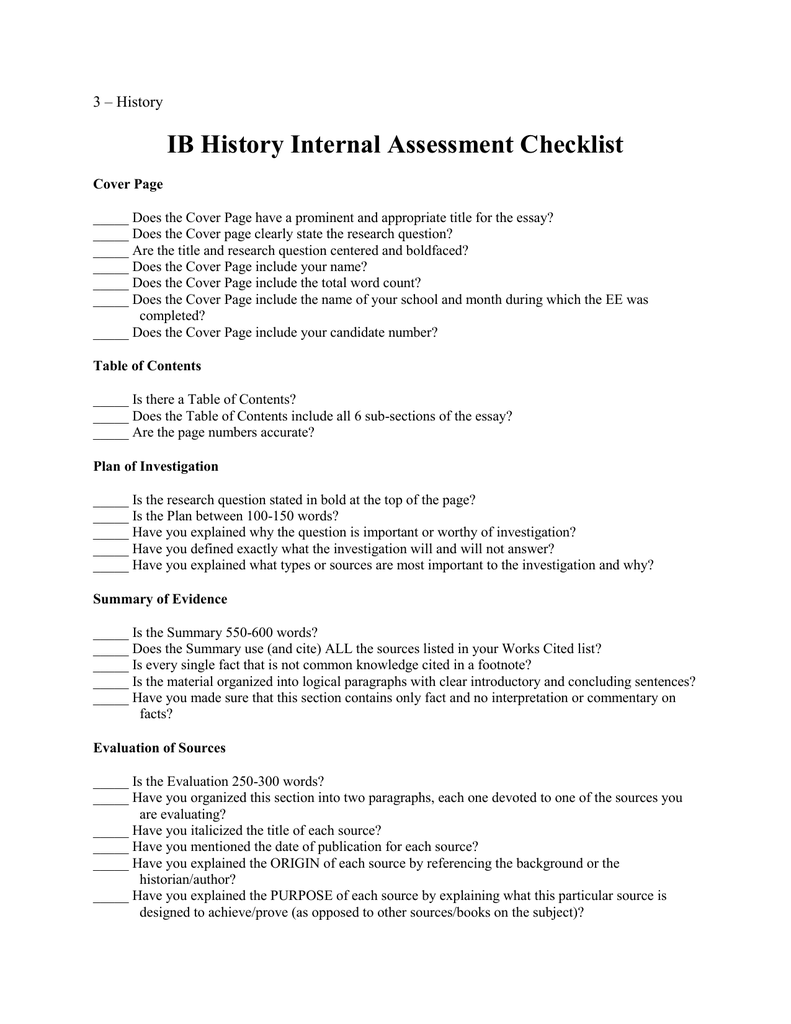 Ib History Internal Assessment Checklist