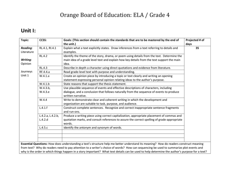 Orange Board Of Education ELA Grade 4