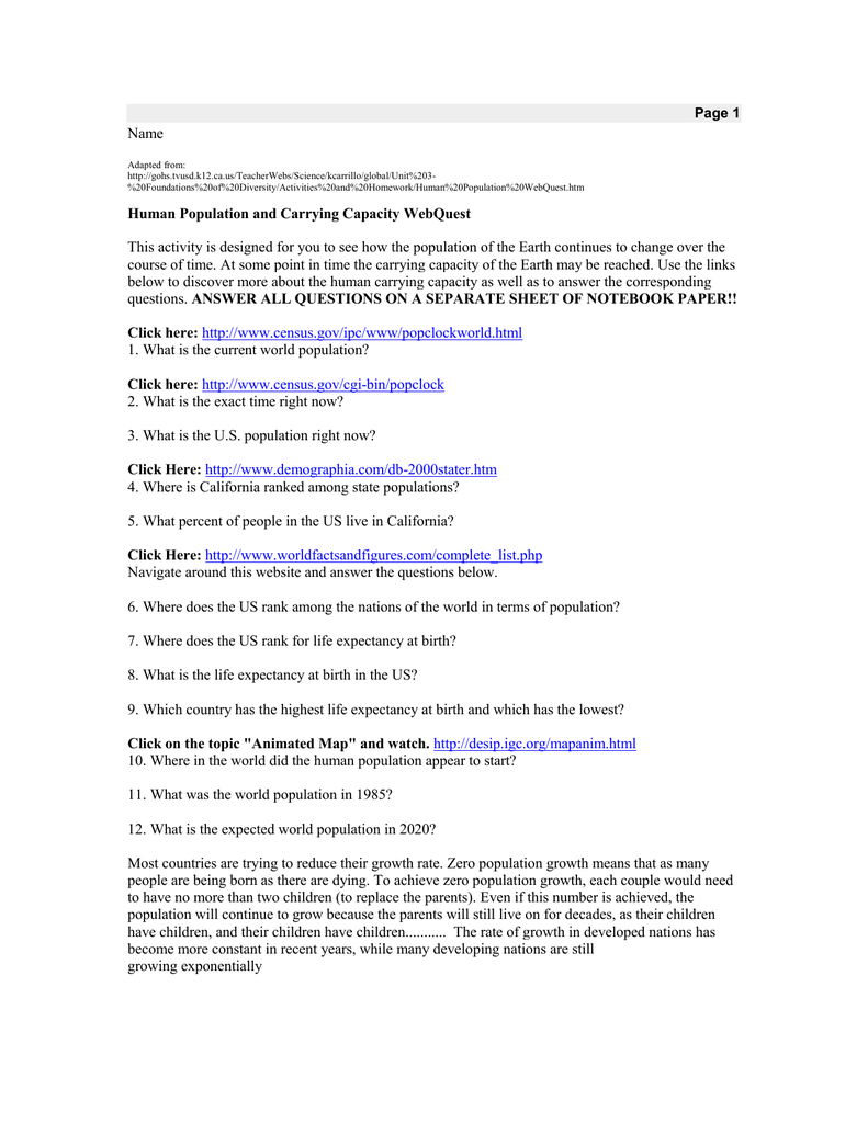 Human Population Growth Worksheet Answer