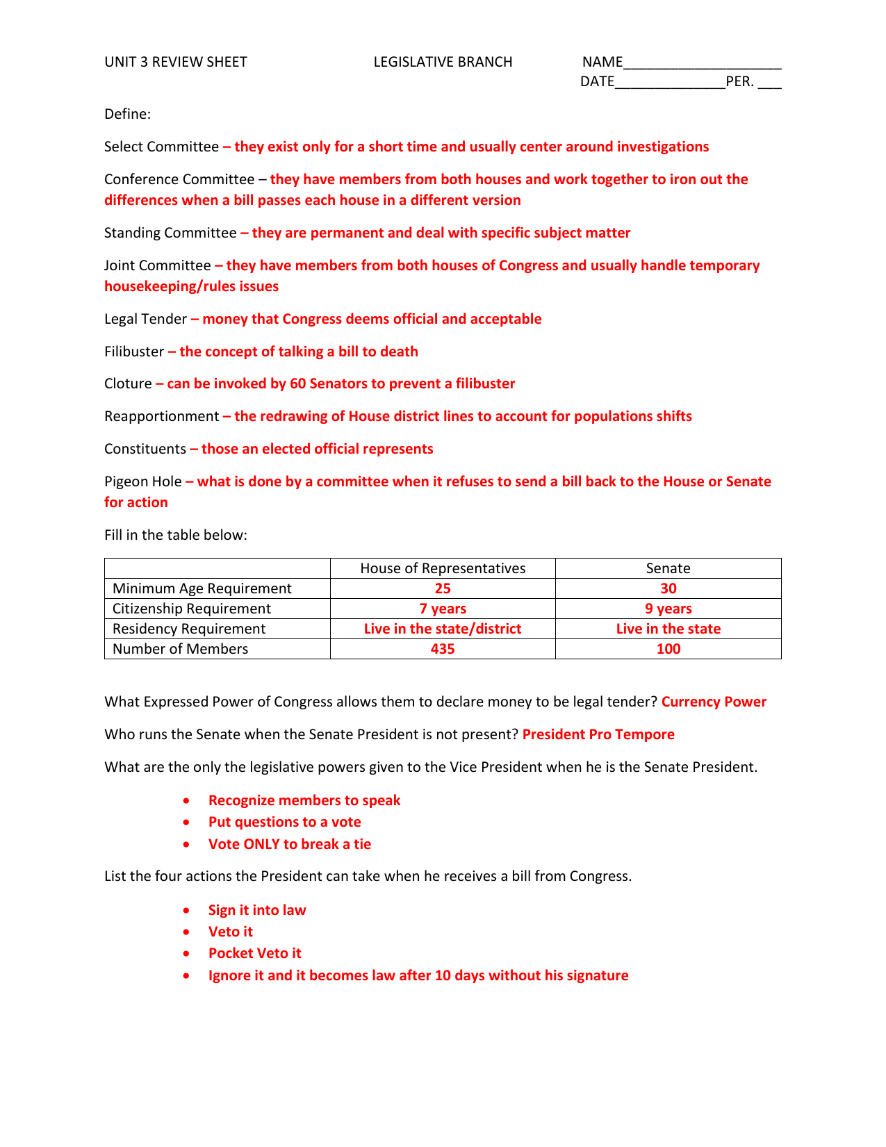 Unit 3 Review Sheet With Answers