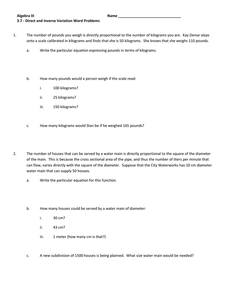 11.11 Direct and Inverse Variation Word Problems Worksheet Pertaining To Direct Variation Word Problems Worksheet