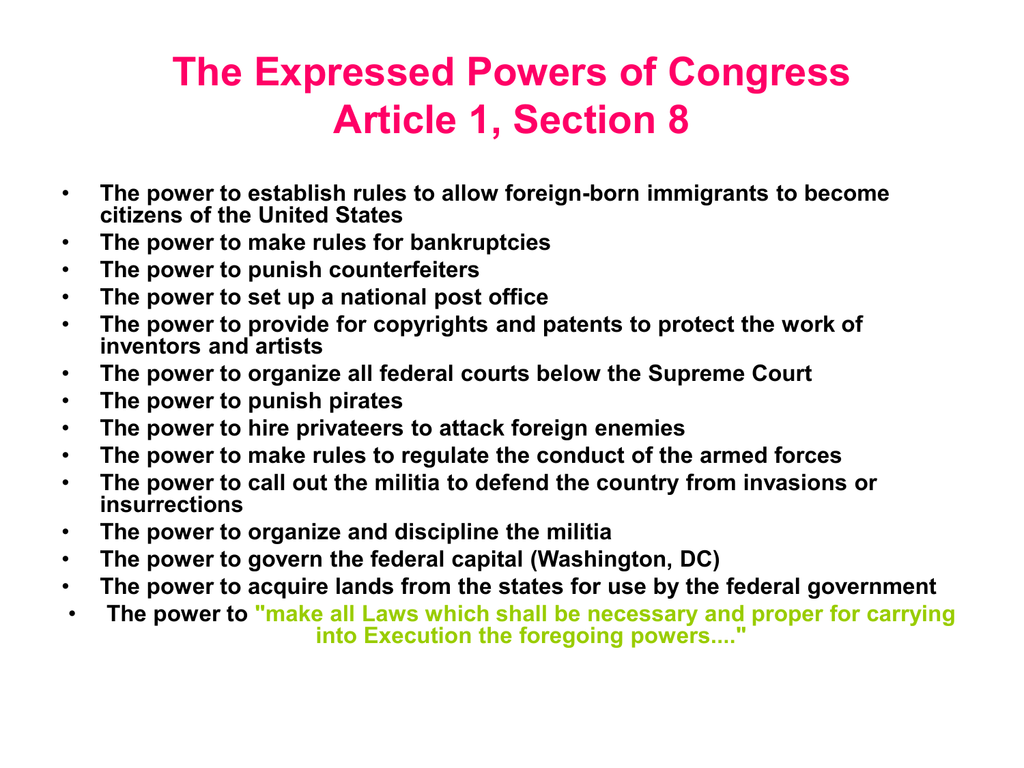 article 1 congress assignment quizlet