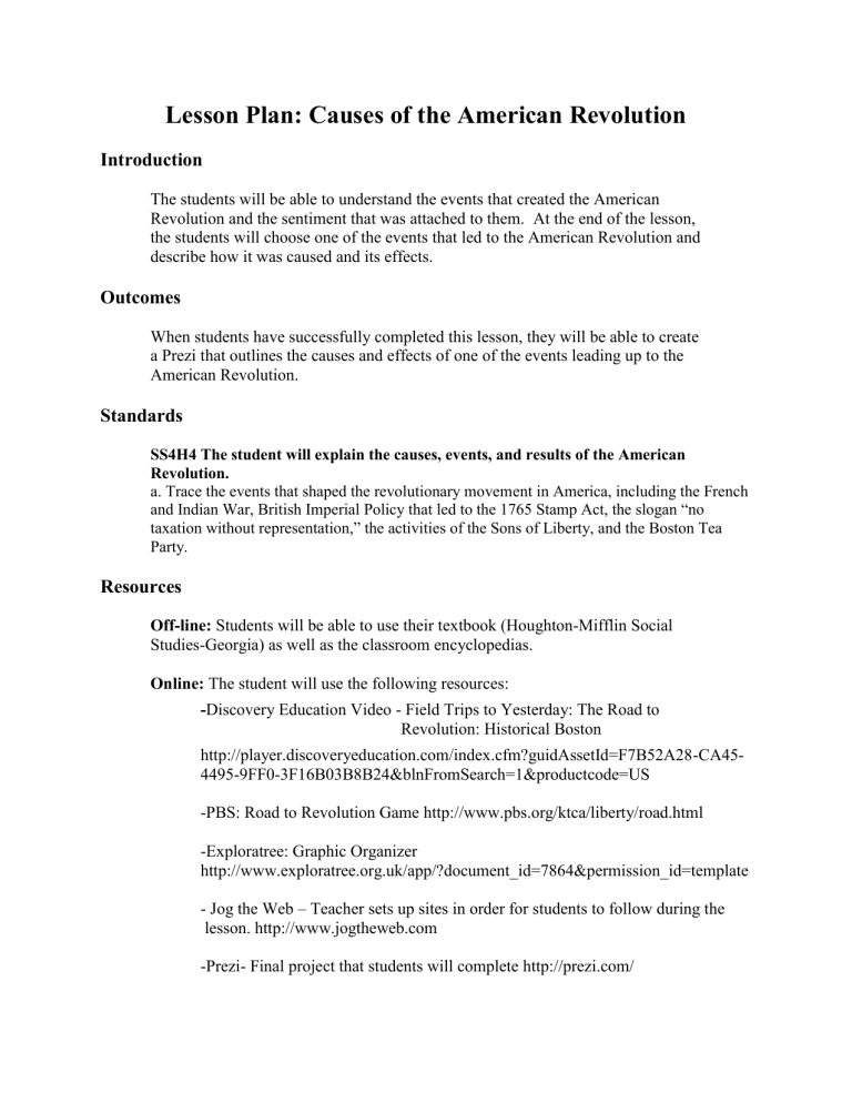 Lesson Plan Causes Of The American Revolution