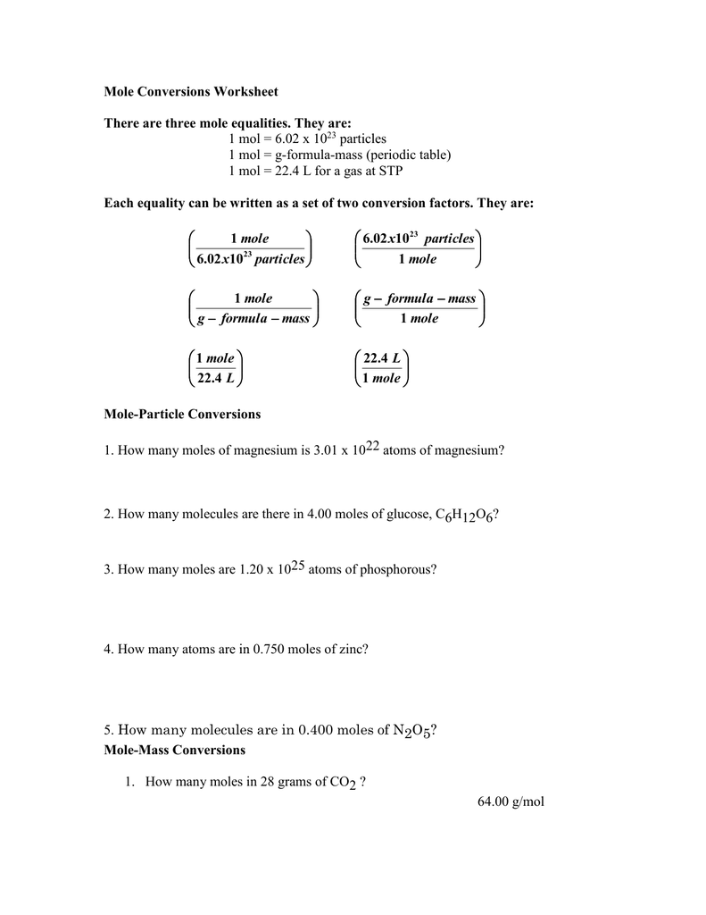 Mole Conversions Worksheet Pertaining To Chemistry Conversion Factors Worksheet