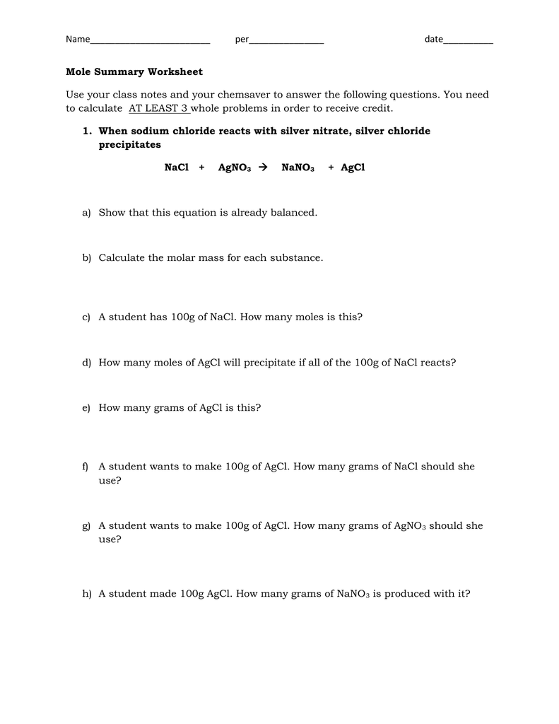 Mole Summary Worksheet With Regard To Worksheet Mole Problems Answers