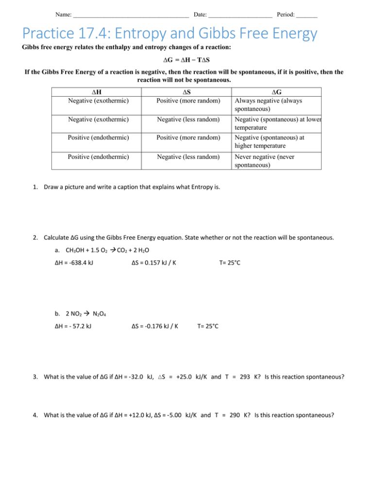 Gibbs Free Energy Worksheet