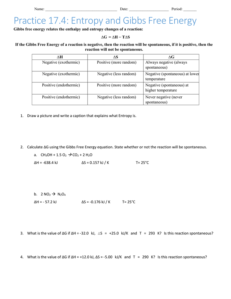 Worksheet# 21 For Gibbs Free Energy Worksheet