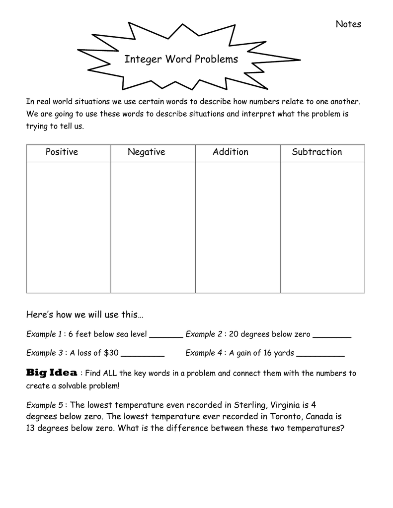 Integer Word Problem Notes