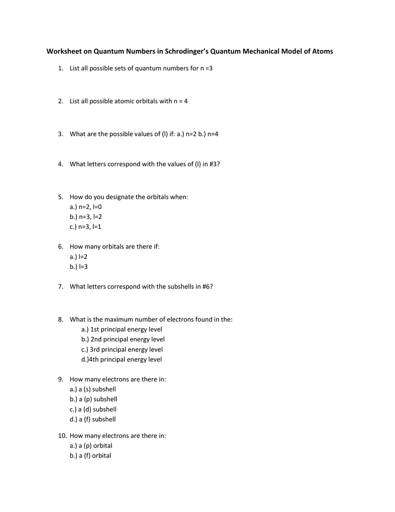 Quantum Number Practice Worksheet Promotiontablecovers