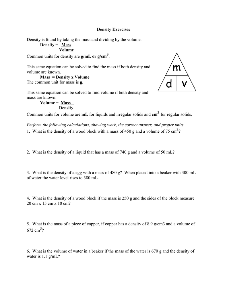 Density Exercises With Regard To Mass Volume Density Worksheet