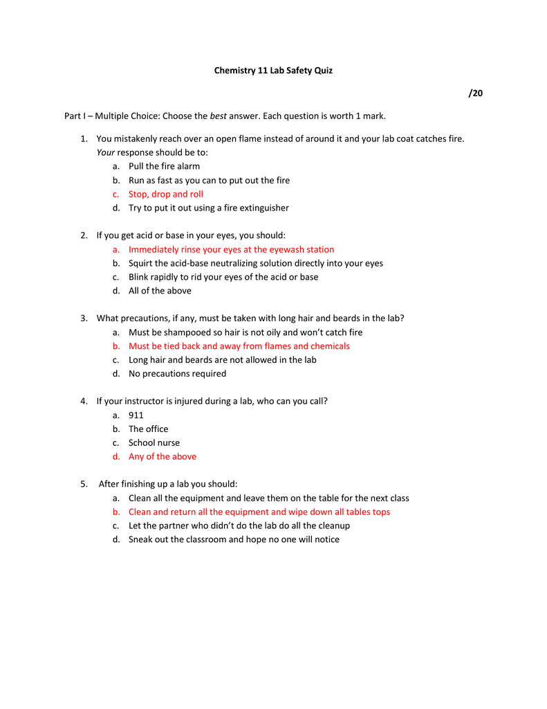 Lab Safety Quiz Key In Lab Safety Worksheet Answer Key