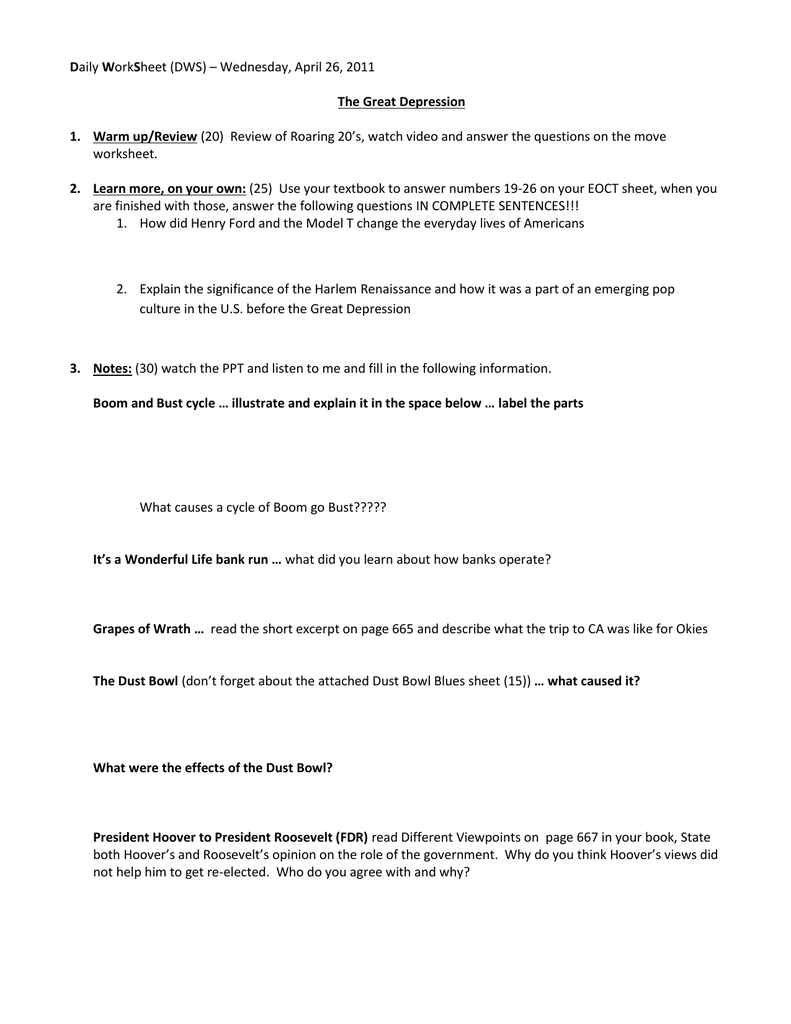 Daily WorkSheet (DWS) – Wednesday, April 11, 11 The Great In The Great Depression Worksheet