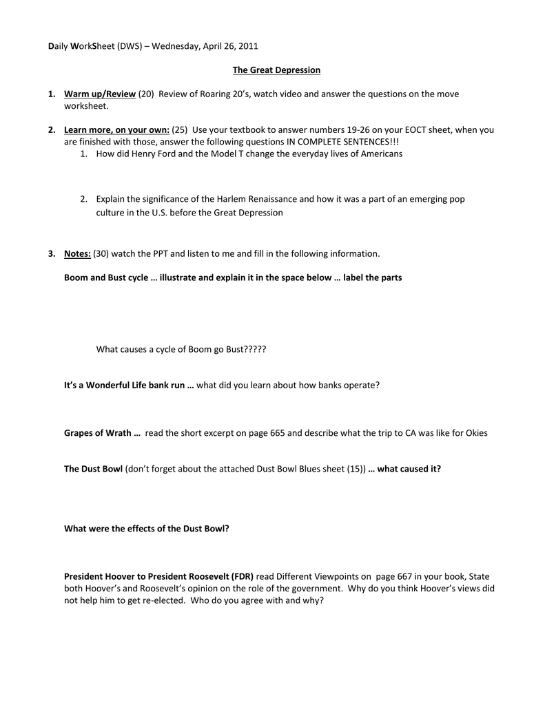 Daily WorkSheet (DWS) – Wednesday, April 25, 25 The Great Intended For The Great Depression Worksheet