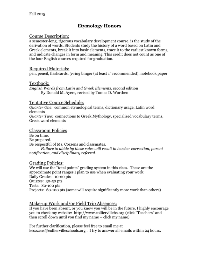 Etymology Honors Course Description