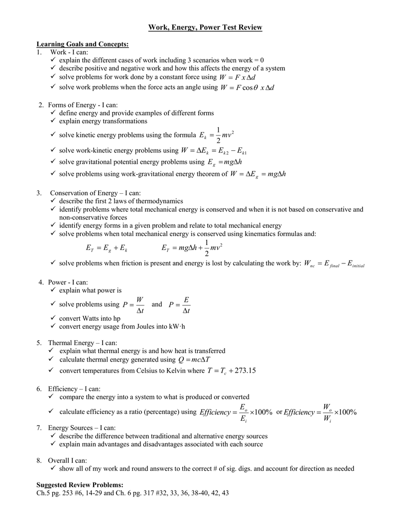 Work Energy Power Test Review Intended For Work Power And Energy Worksheet