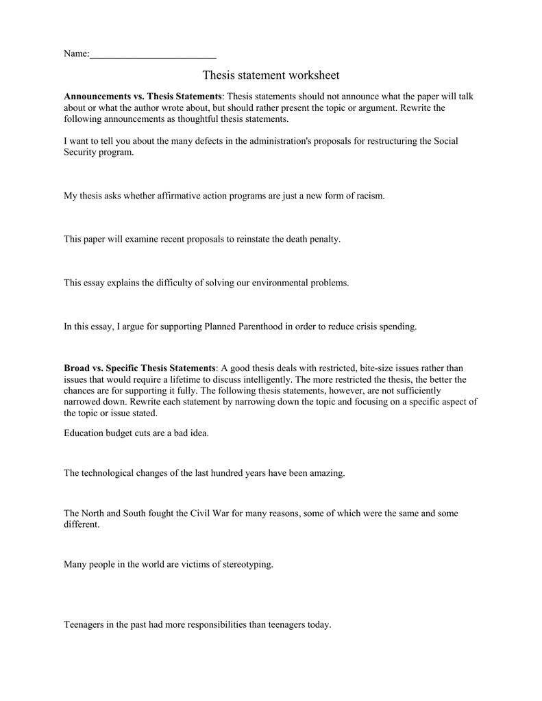 Thesis Statement Worksheet