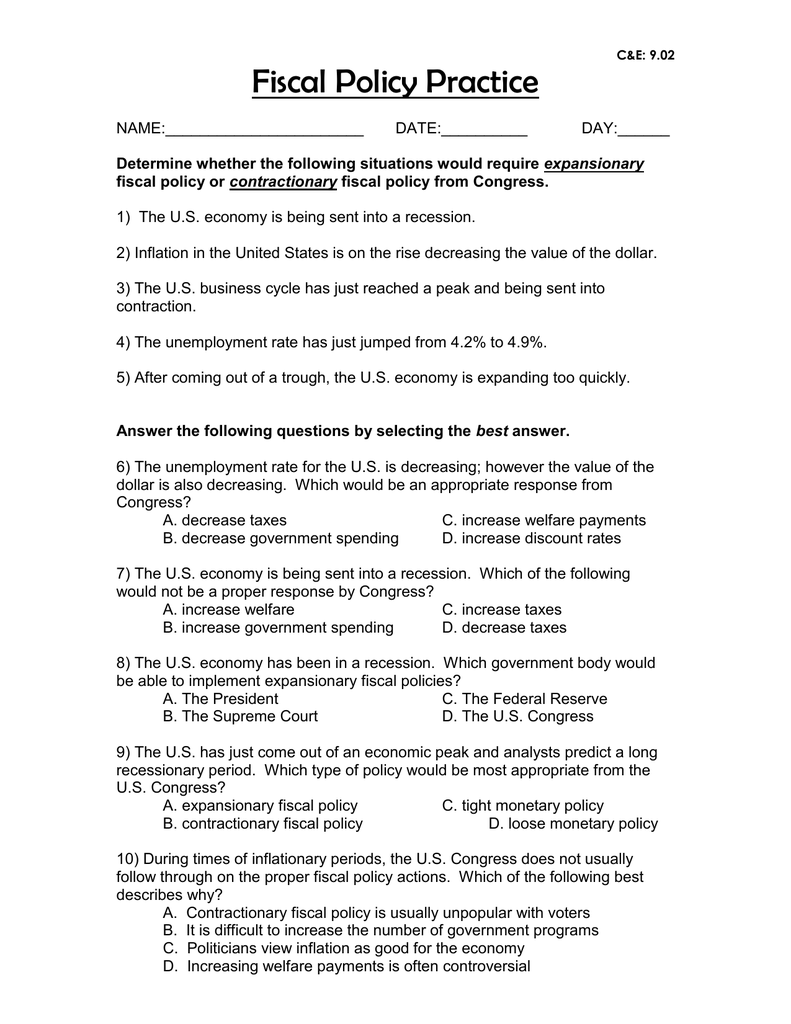 Fiscal Policy Practice Inside Monetary Policy Worksheet Answers