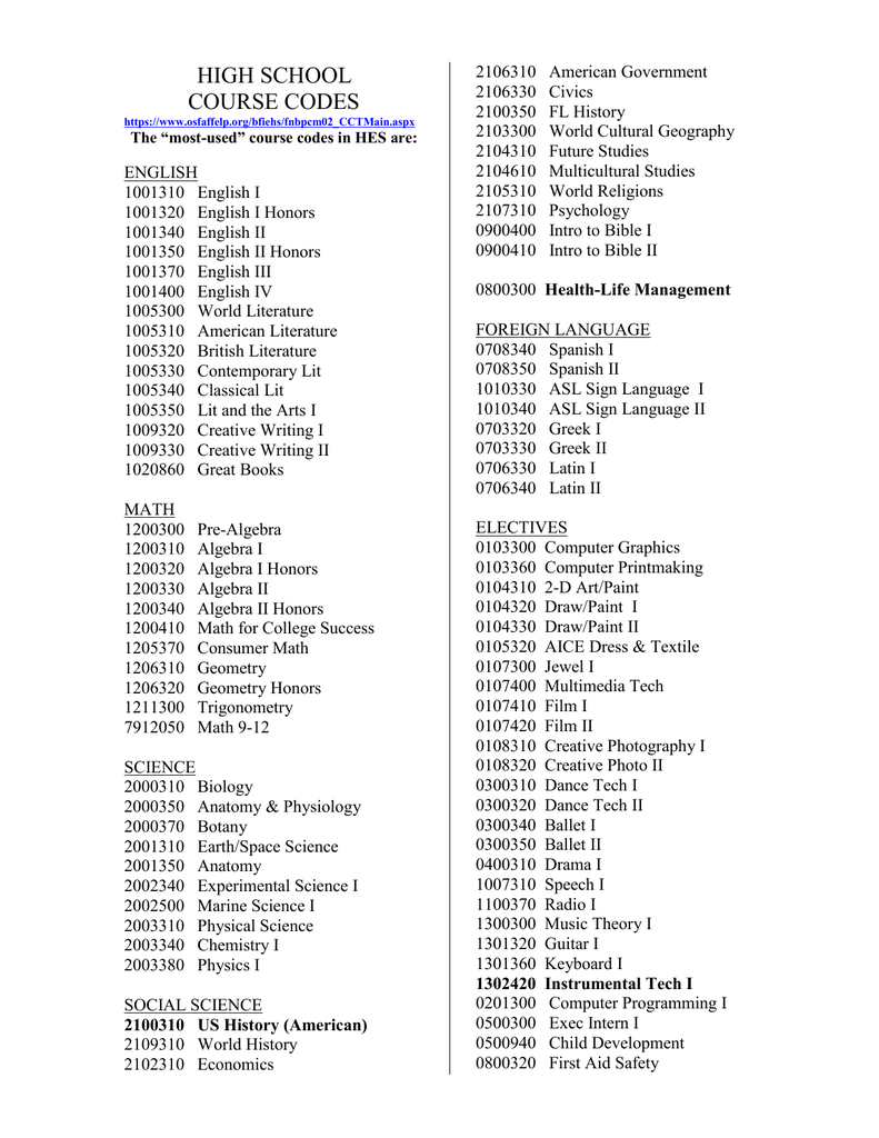 High School Course Codes