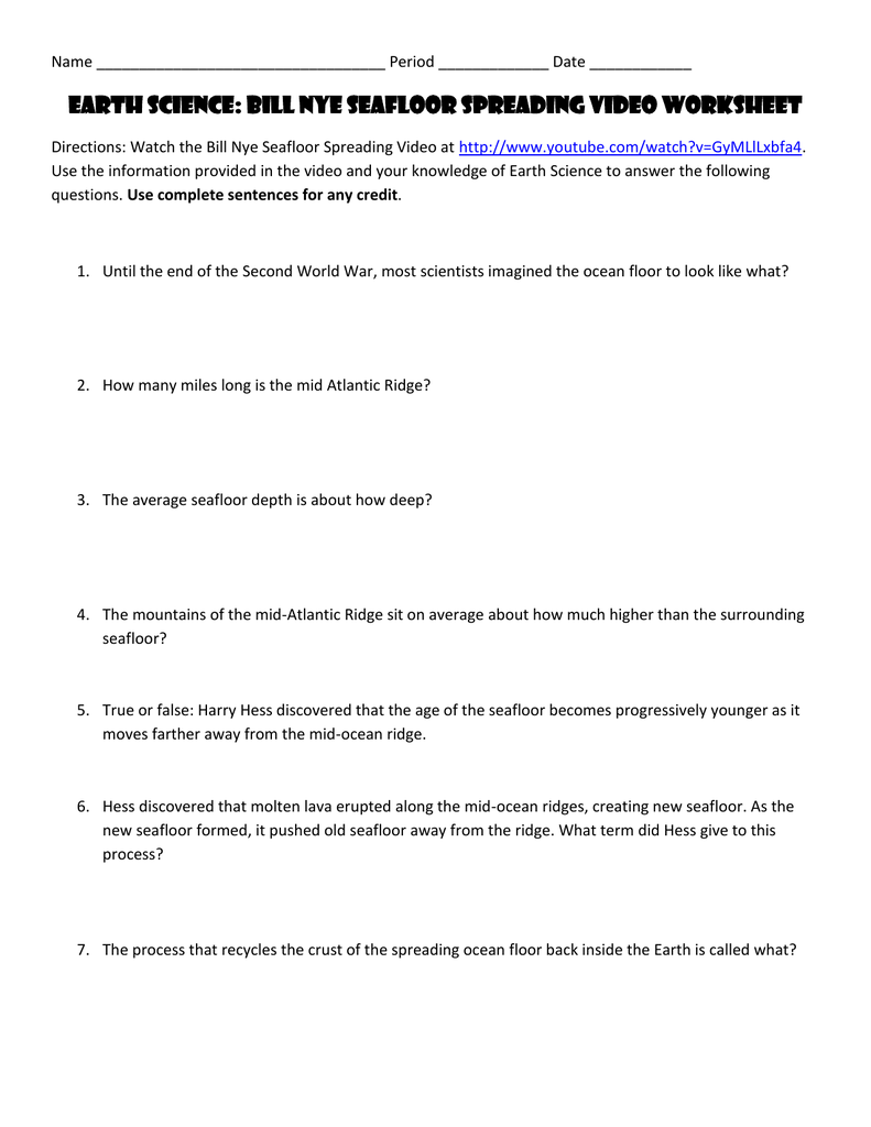 bill nye seafloor spreading worksheet For Sea Floor Spreading Worksheet Answer