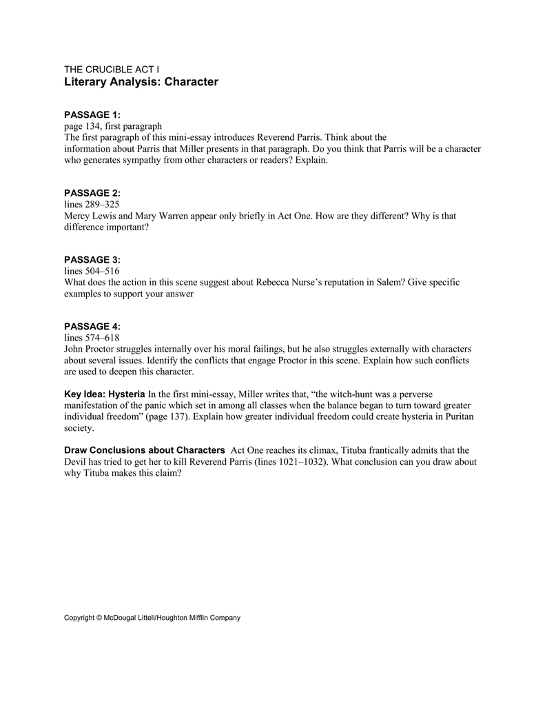 Character Analysis Chart The Crucible