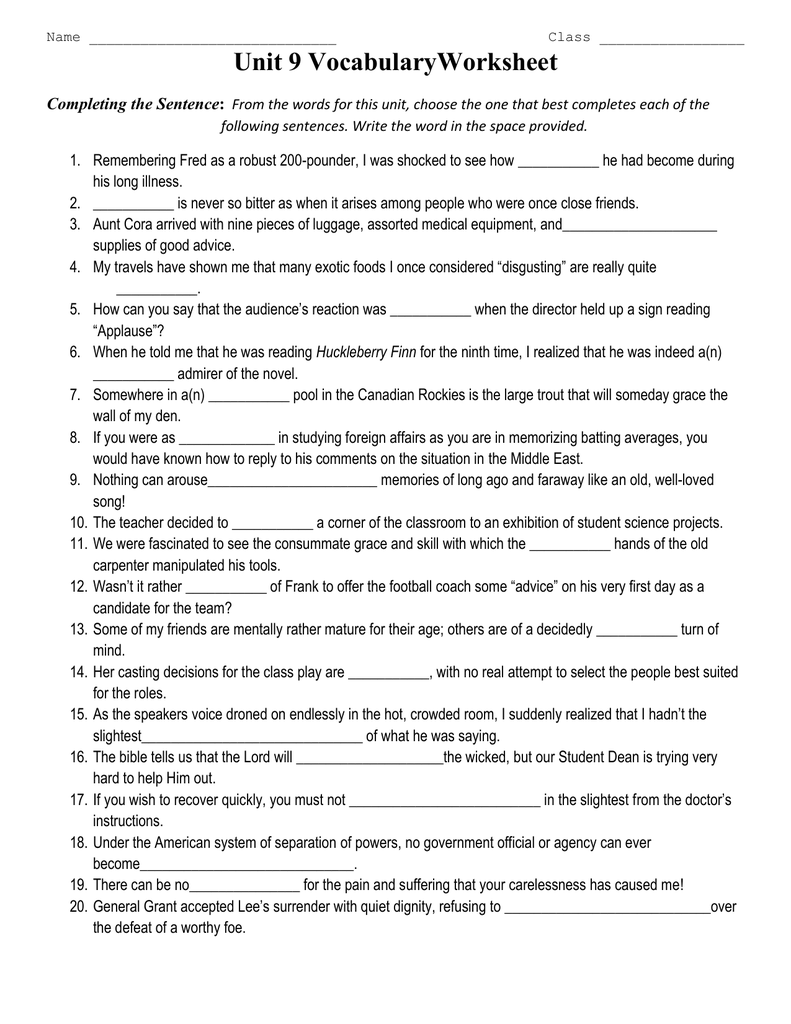 Unit 9 VocabularyWorksheet Completing The Sentence