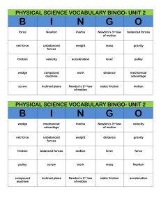 Physical Science Vocabulary BINGO-Unit 2