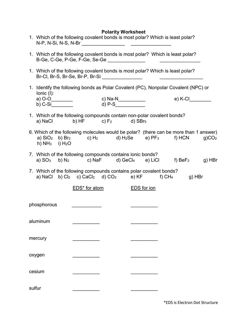 Polarity Worksheet Which of the following covalent bonds is most Within Worksheet Polarity Of Bonds Answers