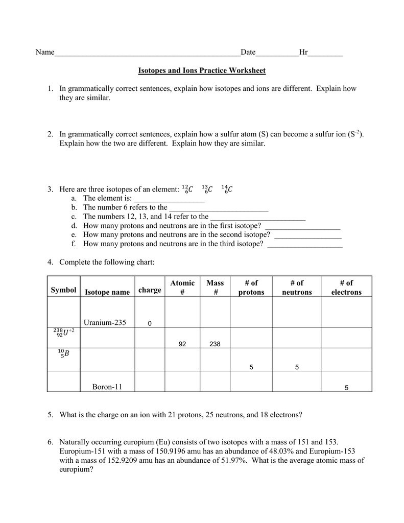 File With Isotopes Ions And Atoms Worksheet