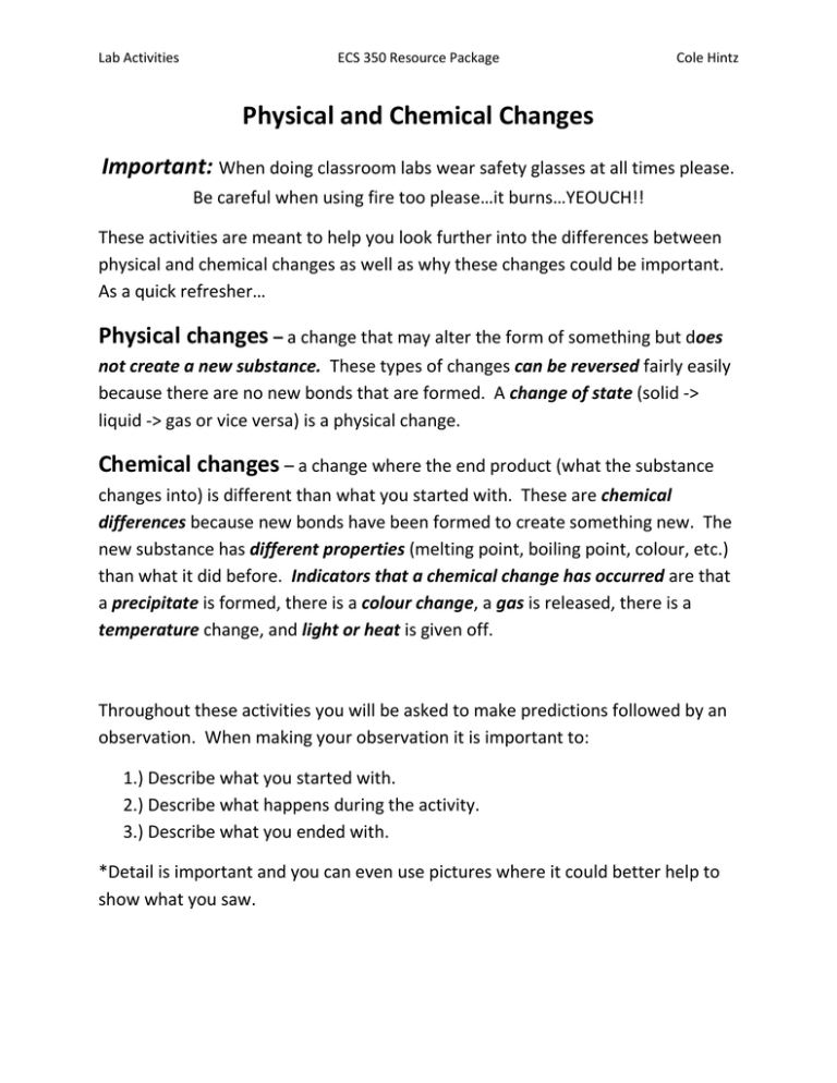 Physical And Chemical Changes Activities ESCI350