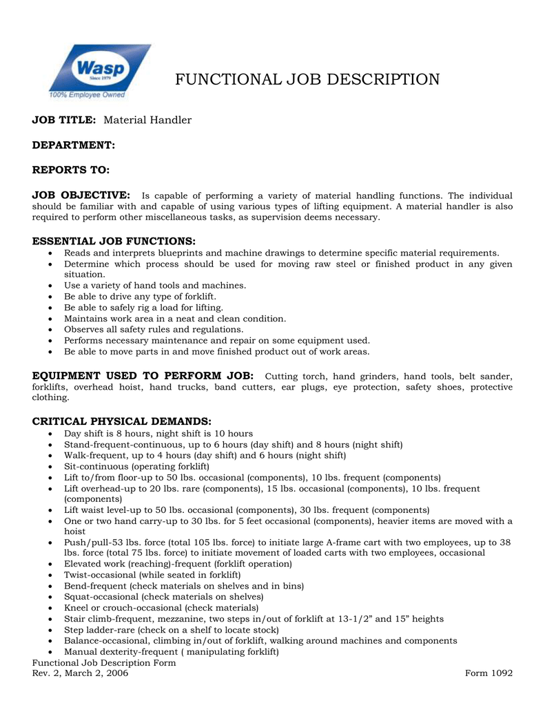 JOB TITLE Material Handler