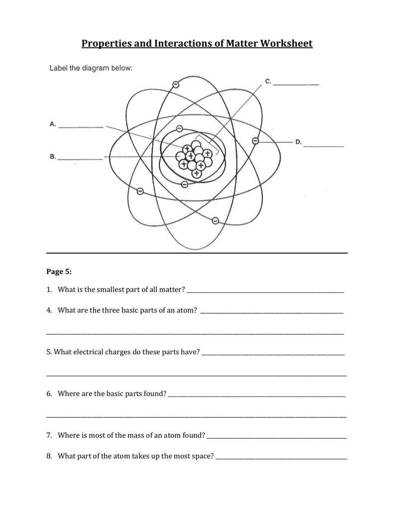 Properties and Interactions of Matter Worksheet - Atom With Regard To Parts Of An Atom Worksheet