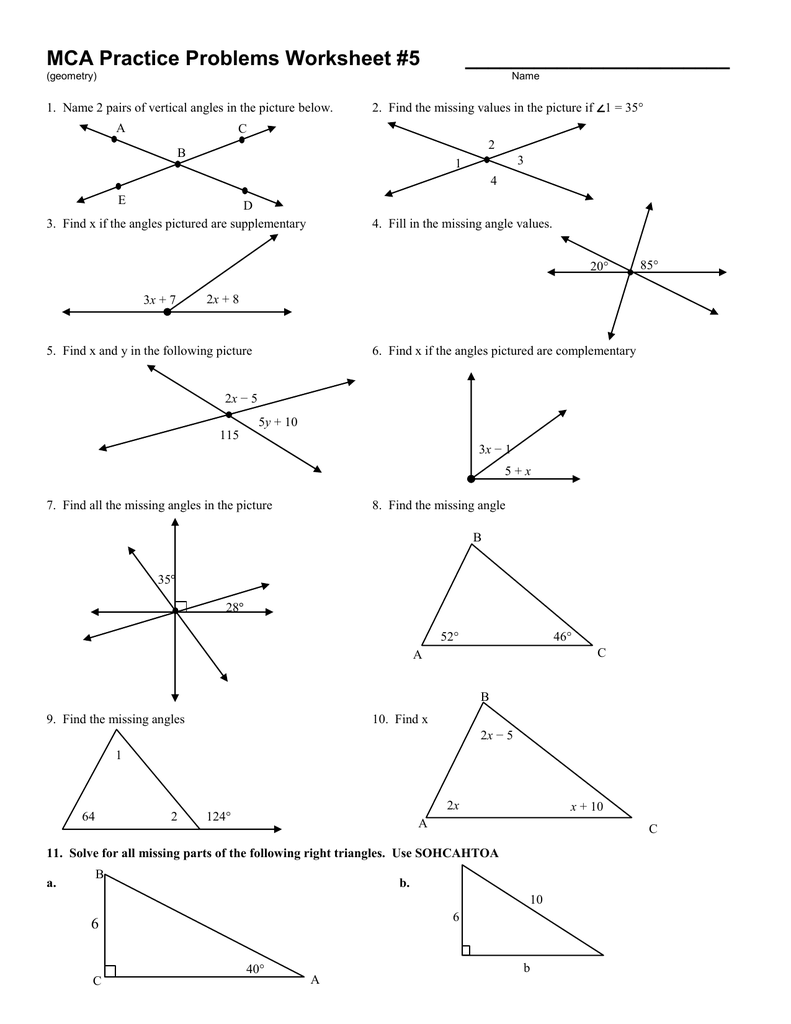 MCA Practice Problems Worksheet 20 through 20 With Regard To Finding Missing Angles Worksheet