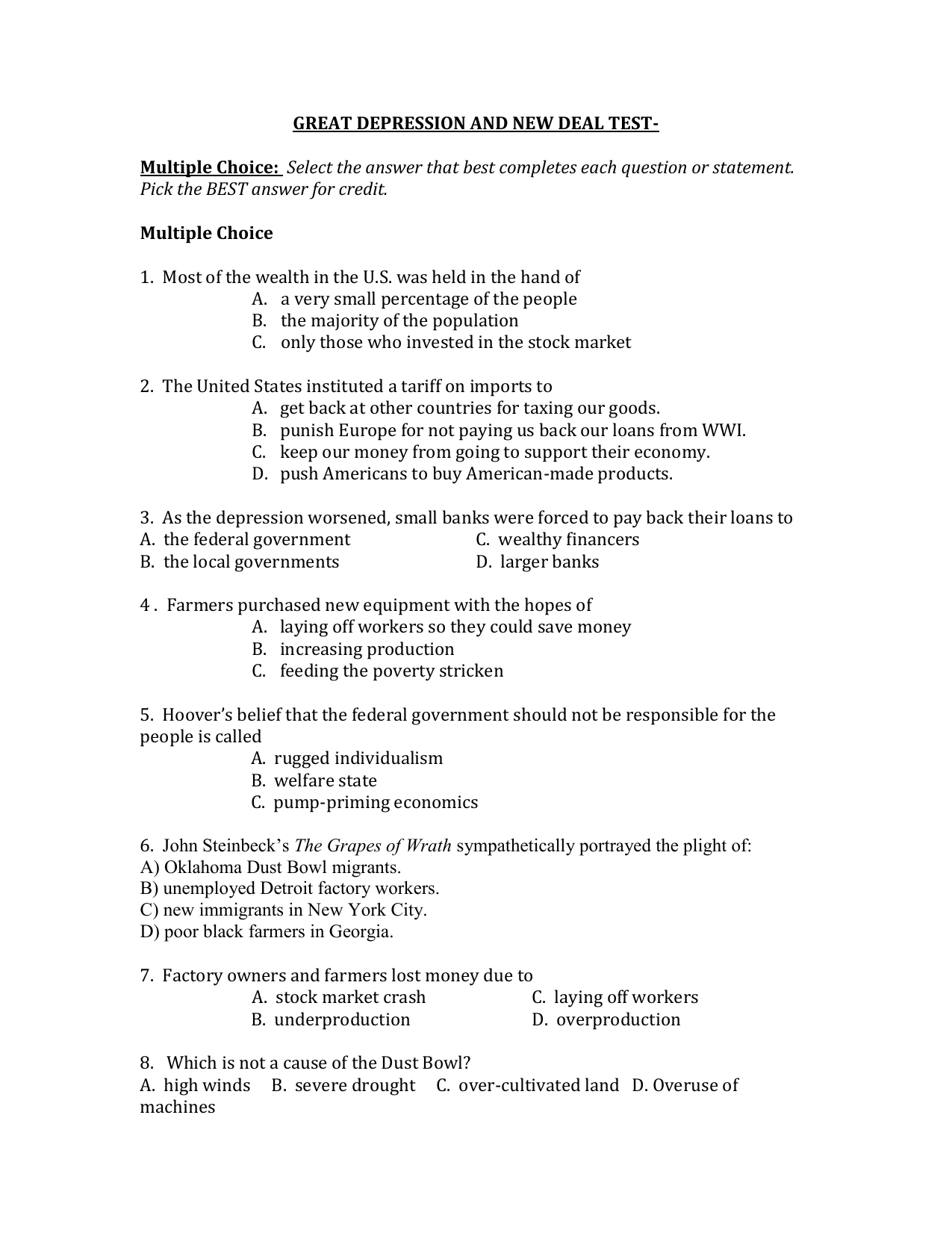 Great Depression And New Deal Test