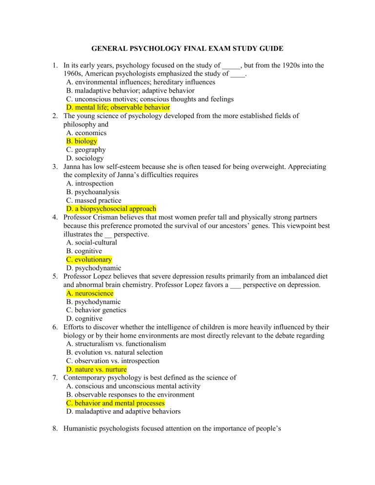 Psychology Final Exam: Tips, Study Guide, and Practice Questions