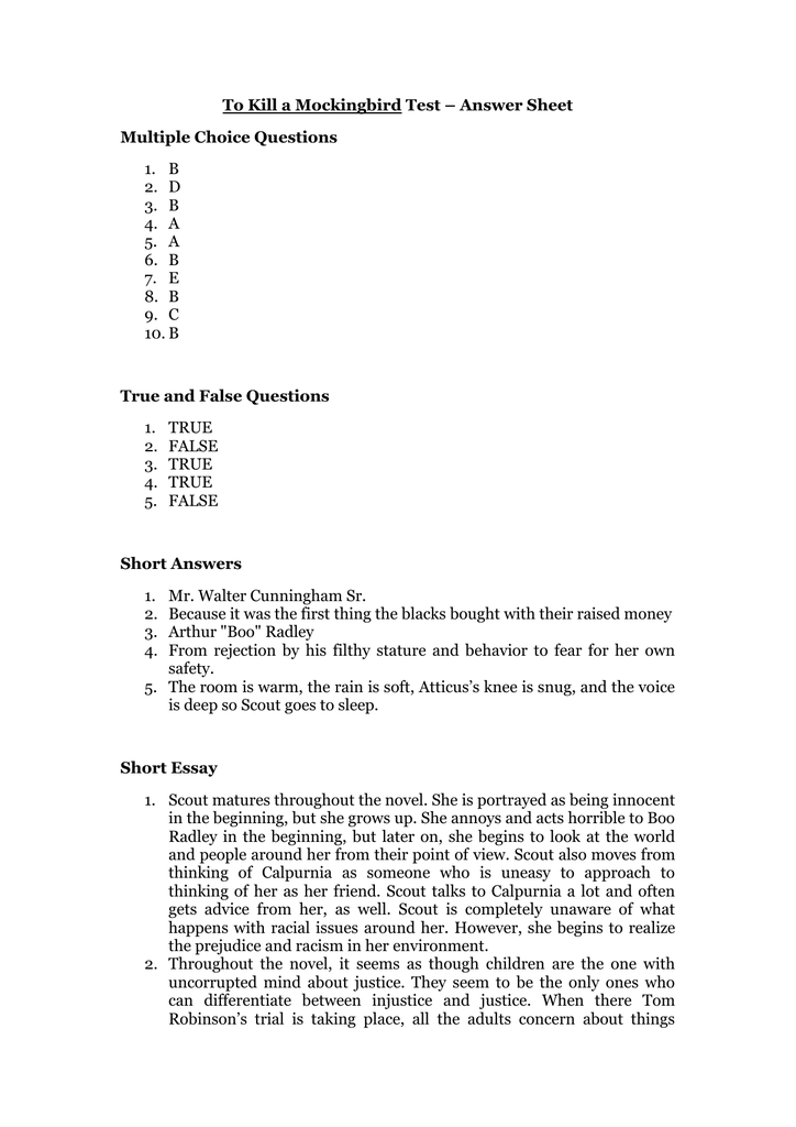 To Kill A Mockingbird Test Answer Sheet