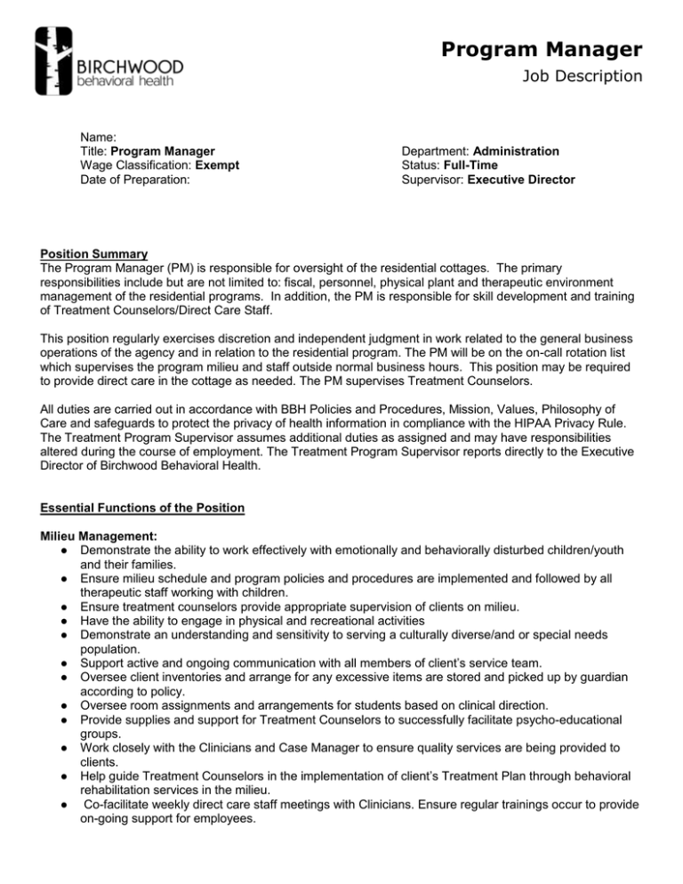 Program Manager- Job Description